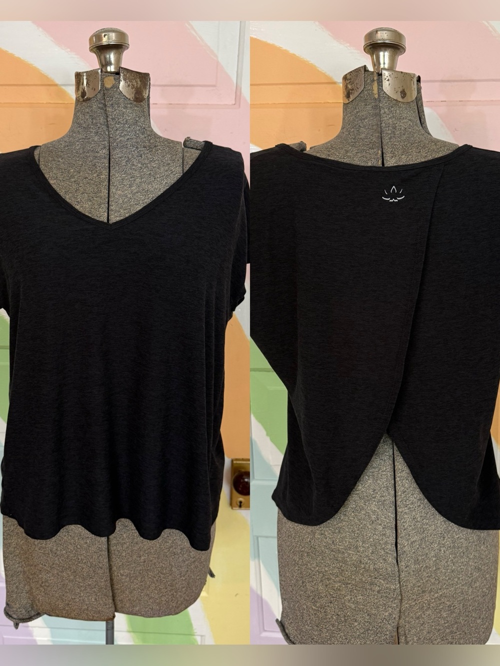 Beyond Yoga Heather Black Split Back Open Back Athleisure Active Top Sz XS 💛🍄